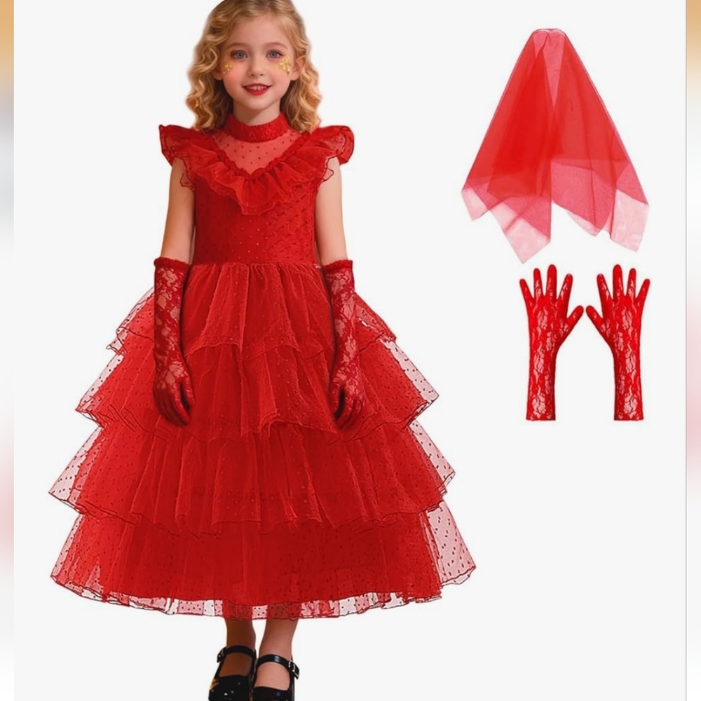 Red Ruffled Tulle Girls' Costume Dress with Gloves and Veil Lydia Deetz